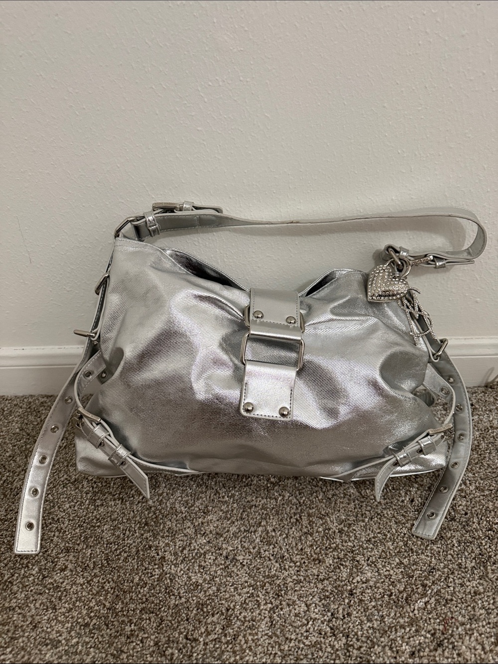 Steve Madden Silver Metallic Shoulder Bag with Heart Charm Accent
